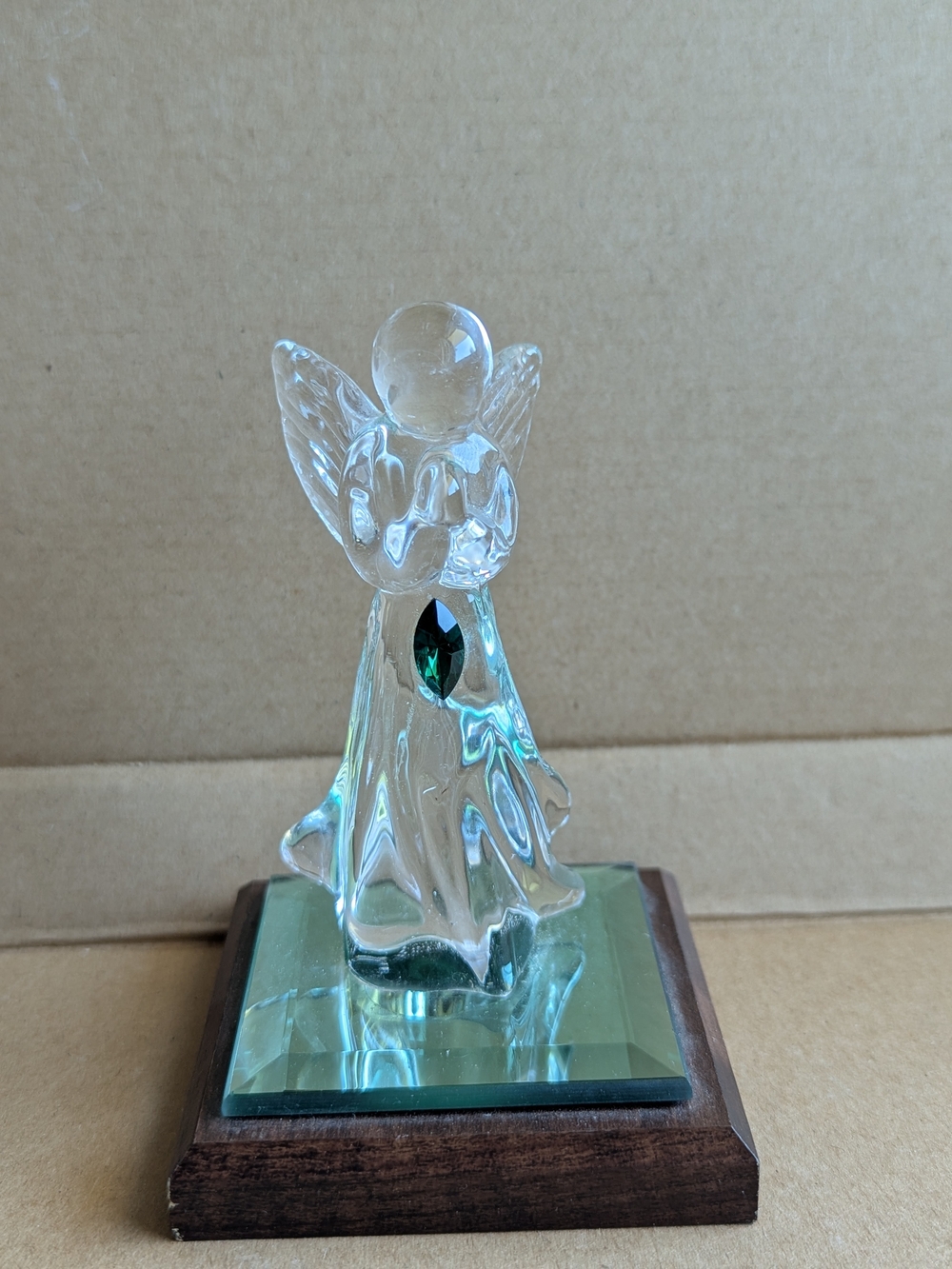 VTG Dacra Glass Co Clear Crystal Praying Angel Emerald Green May Birthstone Base
